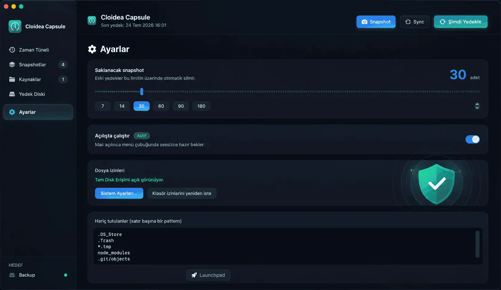 Cloidea Capsule uygulamasının ayarlar ekranı: snapshot saklama süresi, açılışta çalıştırma ve hariç tutulan dosya kalıpları
