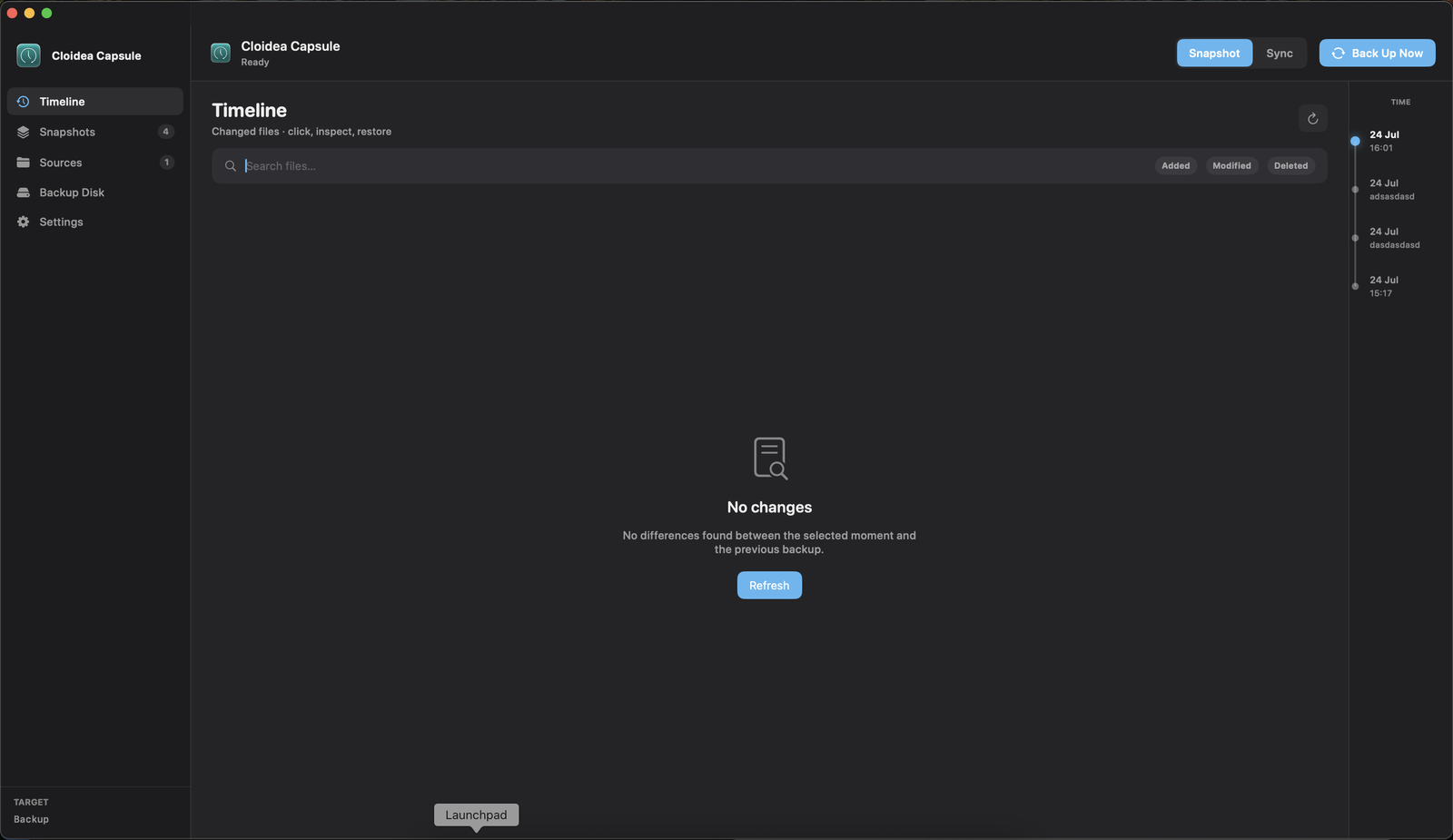 Cloidea Capsule app Timeline view on macOS, browsing backup snapshots by date